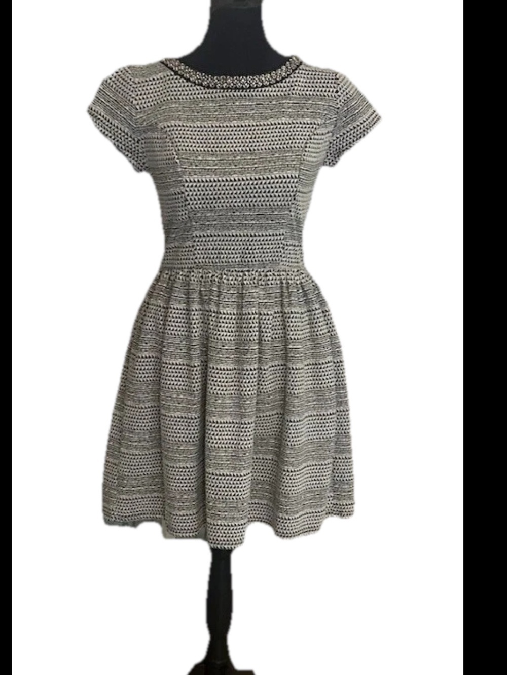 Xhilaration Black White Striped Beaded Cap Sleeve Knit A-Line Dress XS